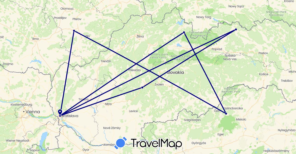 TravelMap itinerary: driving in Czech Republic, Hungary, Slovakia (Europe)